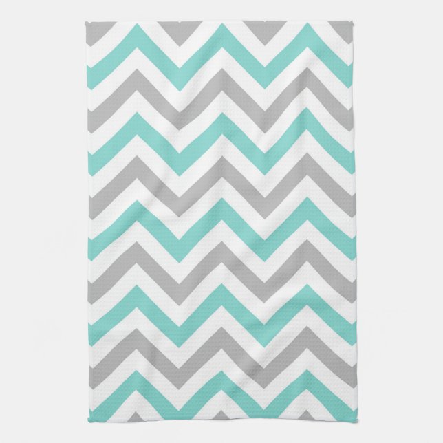Turquoise, Grey, Wht Large Chevron ZigZag Pattern Tea Towel (Vertical)