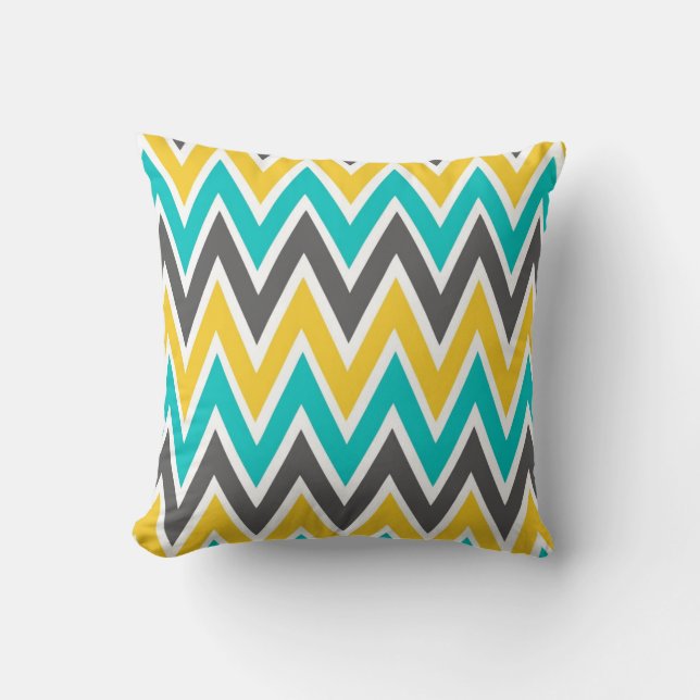 Turquoise Grey Yellow Gold Chevron Throw Pillow (Front)