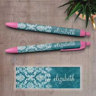 Turquoise Grungy Damask Pattern Custom Text Black Ink Pen
