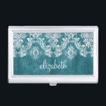 Turquoise Grungy Damask Pattern Custom Text Business Card Holder<br><div class="desc">A vintage pattern with a chalkboard and lace design. Look closely to the flowers and leaves.A trendy design with jewel tone colours and elegance. Items are easier to customise when you replace all text and photos first. If your art still needs to be adjusted, click on the Customise This button....</div>