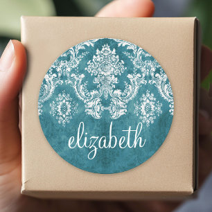 Turquoise Grungy Damask Pattern Custom Text Classic Round Sticker