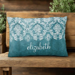 Turquoise Grungy Damask Pattern Custom Text Decorative Cushion<br><div class="desc">A vintage pattern with a chalkboard and lace design. Look closely to the flowers and leaves.A trendy design with jewel tone colours and elegance. Items are easier to customise when you replace all text and photos first. If your art still needs to be adjusted, click on the Customise This button....</div>
