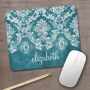 Turquoise Grungy Damask Pattern Custom Text Mouse Pad