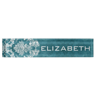 Turquoise Grungy Damask Pattern Custom Text Nameplate