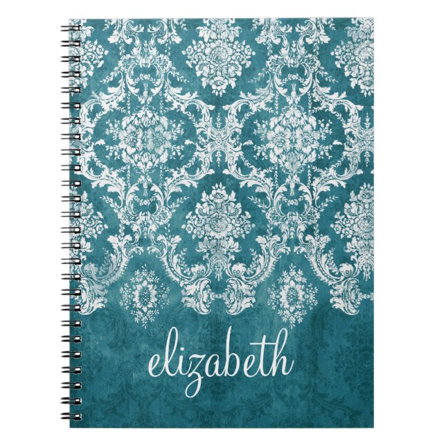 Turquoise Grungy Damask Pattern Custom Text Notebook (Front)