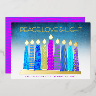 Turquoise Hanukkah Candles Peace Love Real Gold Foil Holiday Card