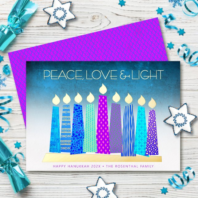Turquoise Hanukkah Candles Peace Love Real Gold Foil Holiday Card (Creator Uploaded)