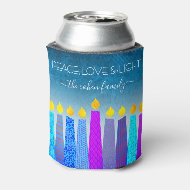 Turquoise Hanukkah Menorah Candle Peace Love Light Can Cooler (Can Back)