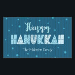 Turquoise Happy Hanukkah Whimsical Fun Typography Rectangular Sticker<br><div class="desc">“Happy Hanukkah.” Fun whimsical handcrafted typography along with a random Star of David pattern in light dusty blues all overlaying midnight navy blue hand drawn lines and a dark teal blue background help you usher in the festival of lights. Feel the warmth and joy of the holiday season whenever you...</div>