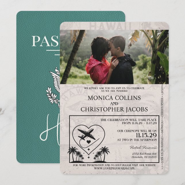 Turquoise Hawaii Passport Wedding Invitation (Front/Back)