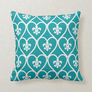 Turquoise Heart Fleur De Lis Cushion