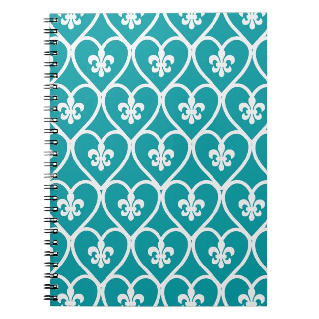 Turquoise Heart Fleur De Lis Notebook (Front)