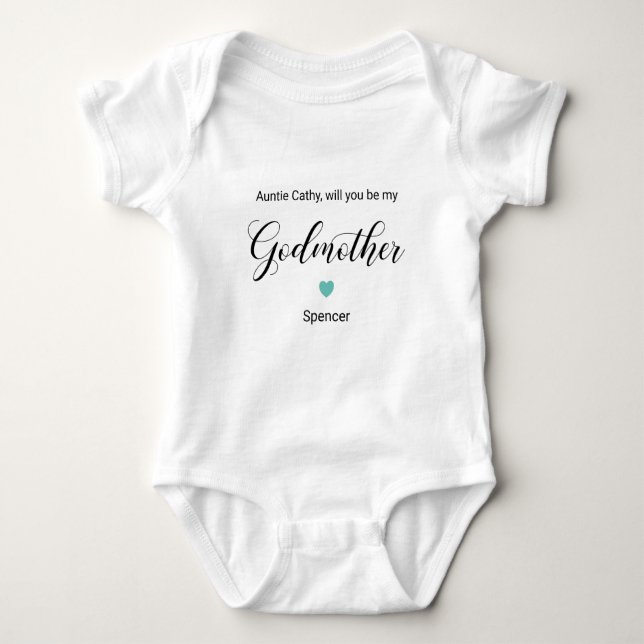 Turquoise Heart Will You Be My Godmother Proposal Baby Bodysuit (Front)
