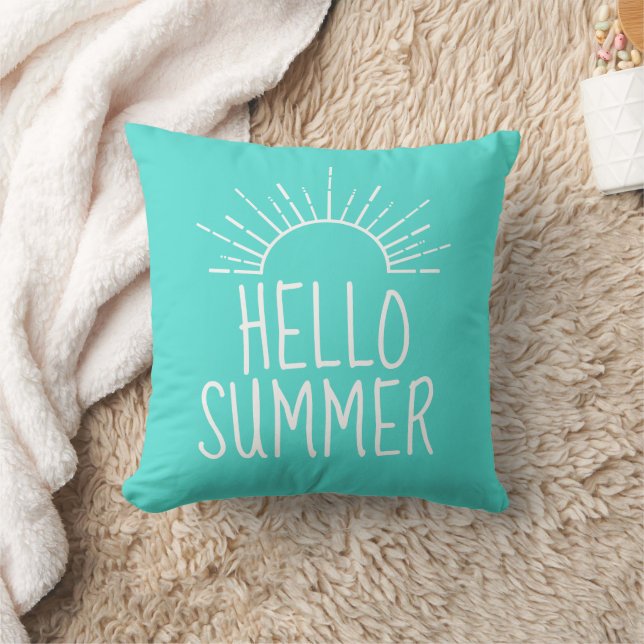 Turquoise Hello Summer Typography Home Decor  Cushion (Blanket)