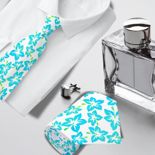 Turquoise Hibiscus Hawaiian pattern  Tie