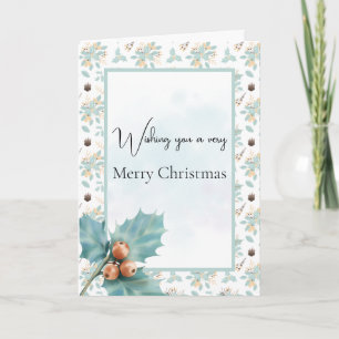 Turquoise Holly and Berries Christmas Card