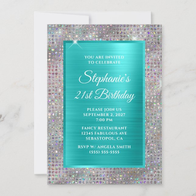 Turquoise Holo Diamond Studded Foil 21st Birthday Invitation (Front)