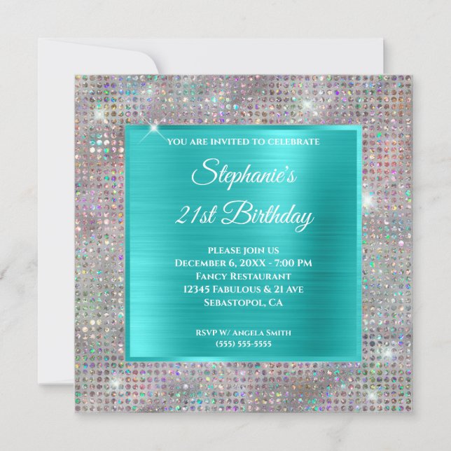 Turquoise Holograph Diamond Studded Foil Birthday Invitation (Front)