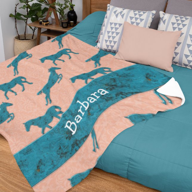 Turquoise Horse Pattern Personalised Fleece Blanket