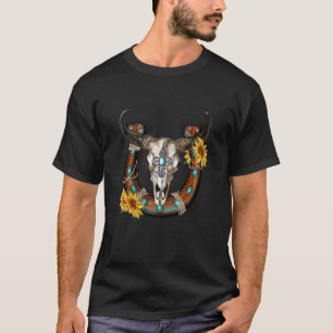 Turquoise Horseshoe Cow Bull Skull Western Cowboy T-Shirt