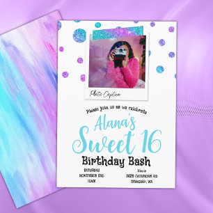 Turquoise, Hot Pink Glitter Polka Dots Sweet 16 Invitation