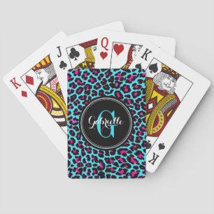Turquoise Hot Pink Leopard Monogram Playing Cards