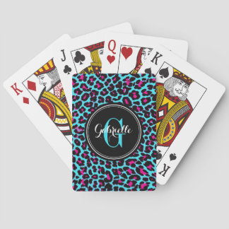 Turquoise Hot Pink Leopard Monogram Playing Cards