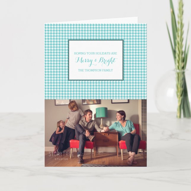 Turquoise Houndstooth Holiday Photo Card (Front)