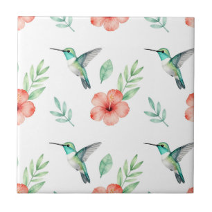 Turquoise Hummingbird Hibiscus Pattern Ceramic Tile