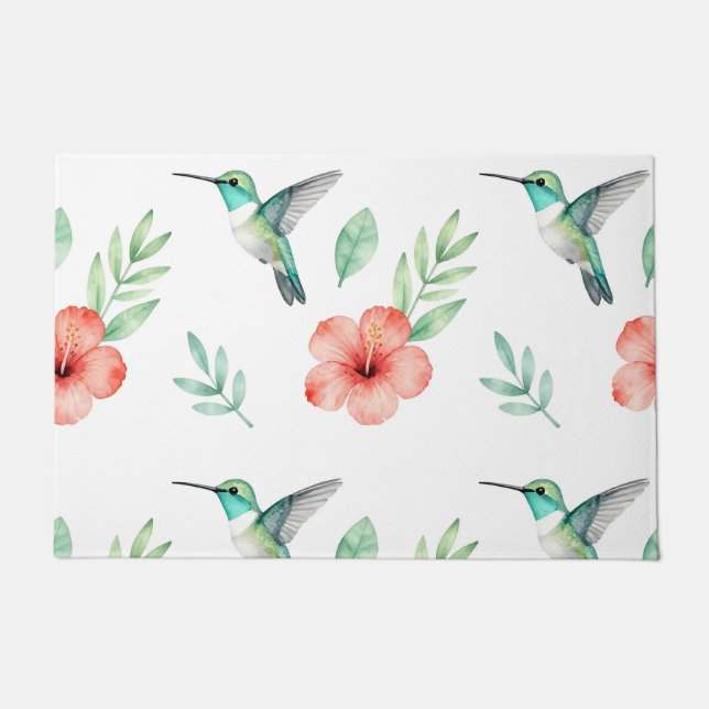 Turquoise Hummingbird Hibiscus Pattern Doormat (Front)