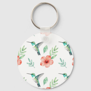 Turquoise Hummingbird Hibiscus Pattern Key Ring