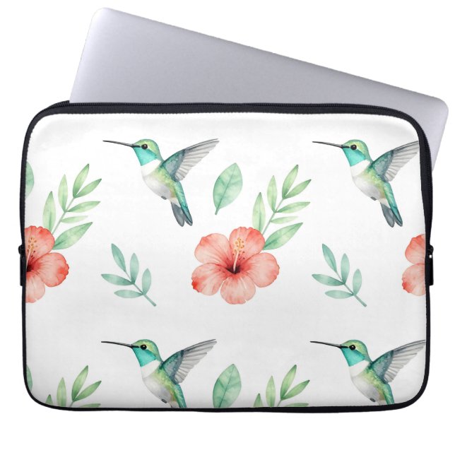 Turquoise Hummingbird Hibiscus Pattern Laptop Sleeve (Front)