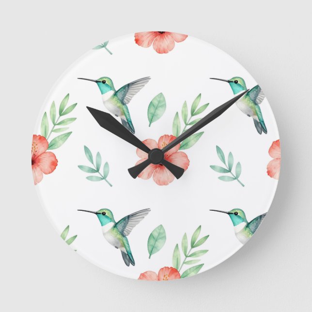 Turquoise Hummingbird Hibiscus Pattern Round Clock (Front)
