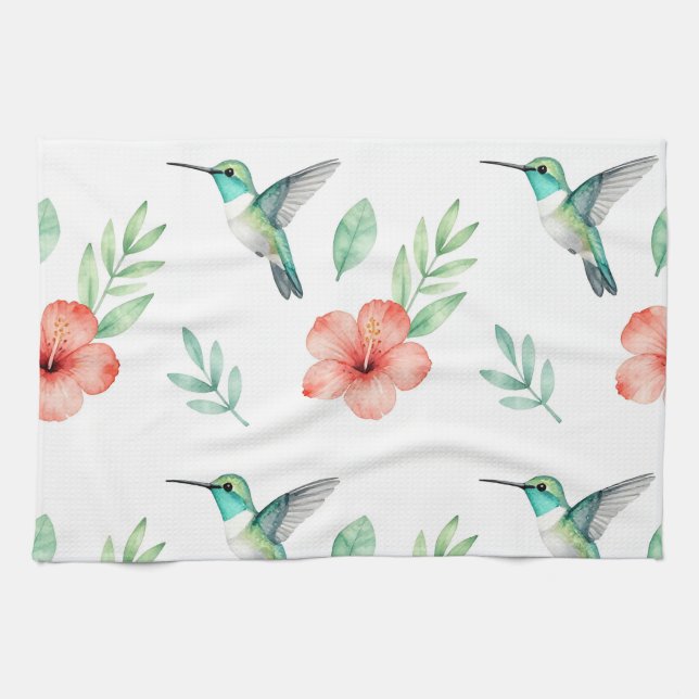 Turquoise Hummingbird Hibiscus Pattern Tea Towel (Horizontal)