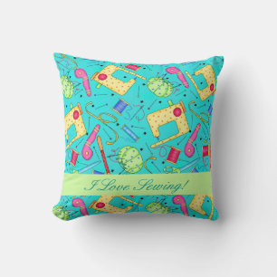 Turquoise I Love Sewing Decorative Pillow
