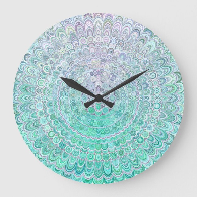 Turquoise Ice Flower Mandala Large Clock (Front)
