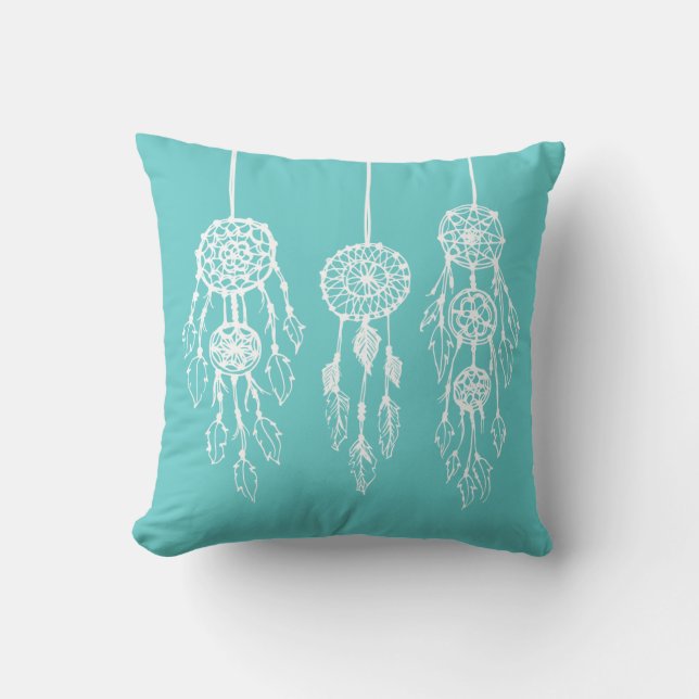 Turquoise Illustrated Bohemian Dreamcatchers Cushion (Front)