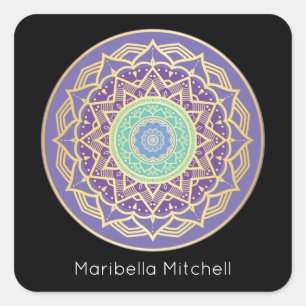  Turquoise Indigo and Purple Gold Mandala Square S Sticker