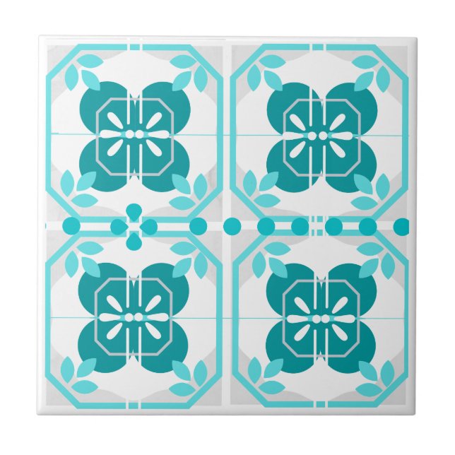 Turquoise Intricate Azulejos Style Ceramic Tile (Front)