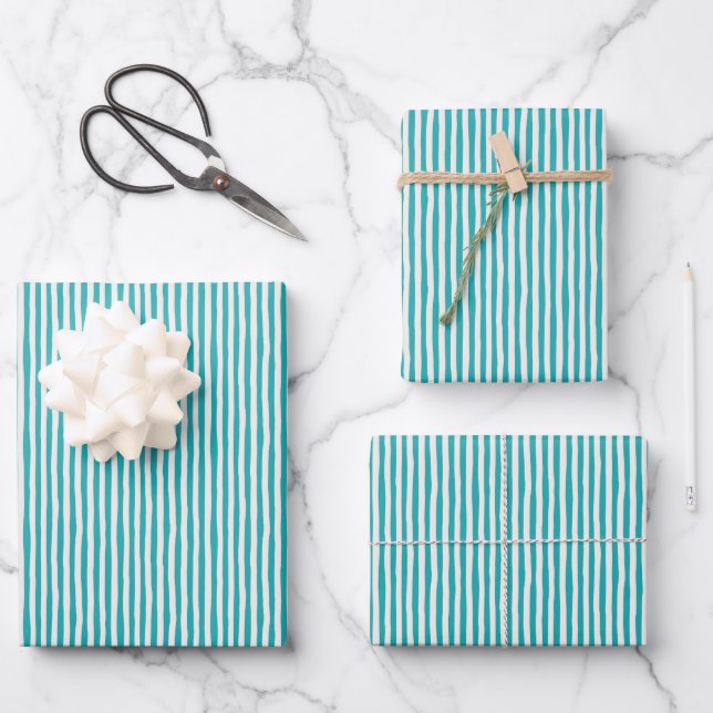 Turquoise & Ivory Wonky Stripes Wrapping Paper Sheet (Front)