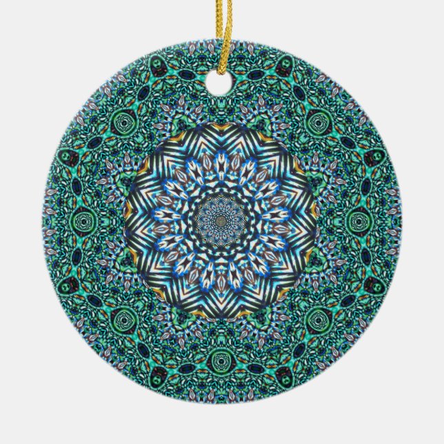 Turquoise Kaleidoscopic Mosaic Reflections Design Ceramic Tree Decoration (Front)