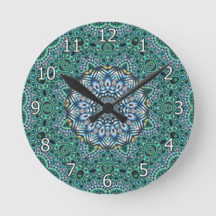 Turquoise Kaleidoscopic Mosaic Reflections Design Round Clock