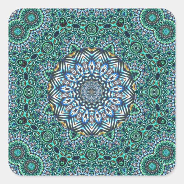 Turquoise Kaleidoscopic Mosaic Reflections Design Square Sticker (Front)