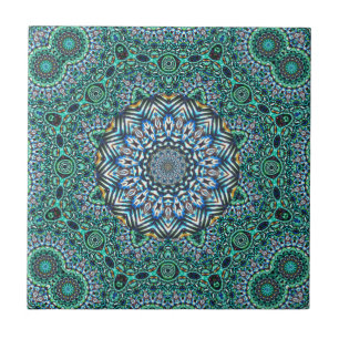 Turquoise Kaleidoscopic Mosaic Reflections Design Tile
