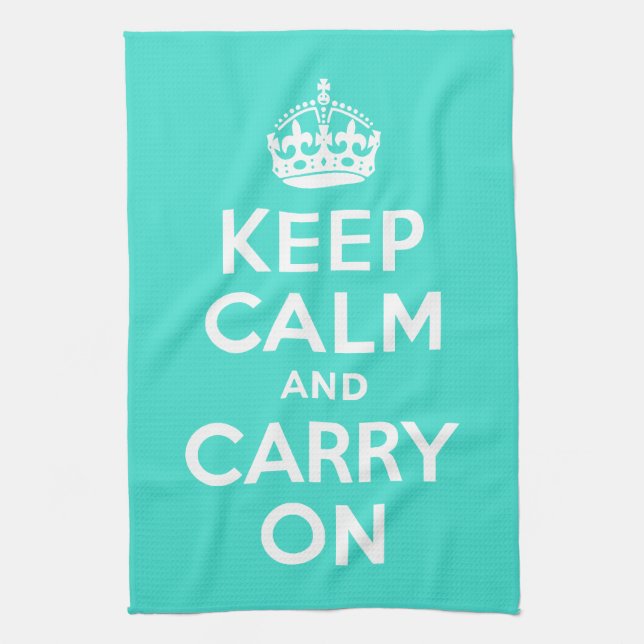 Turquoise Keep Calm and Carry On Tea Towel (Vertical)