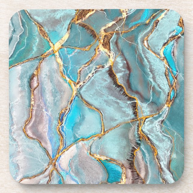 Turquoise Kintsugi Geode, Blue Gold Ocean Coaster (Front)