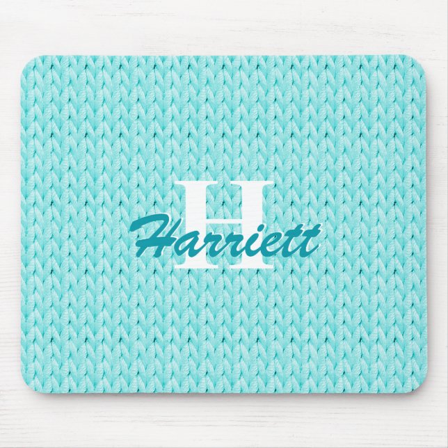 Turquoise Knitted Texture Mouse Pad with Monogram (Front)