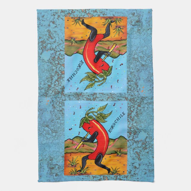 Turquoise Kokopelli Chilli Chile Pepper Fun Towel (Vertical)