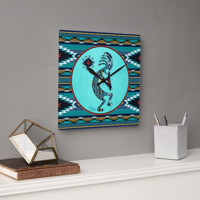 Turquoise Kokopelli Large Wall Clock (Office)
