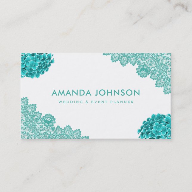 Turquoise Lace Floral Wedding Event Planner Business Card (Front)